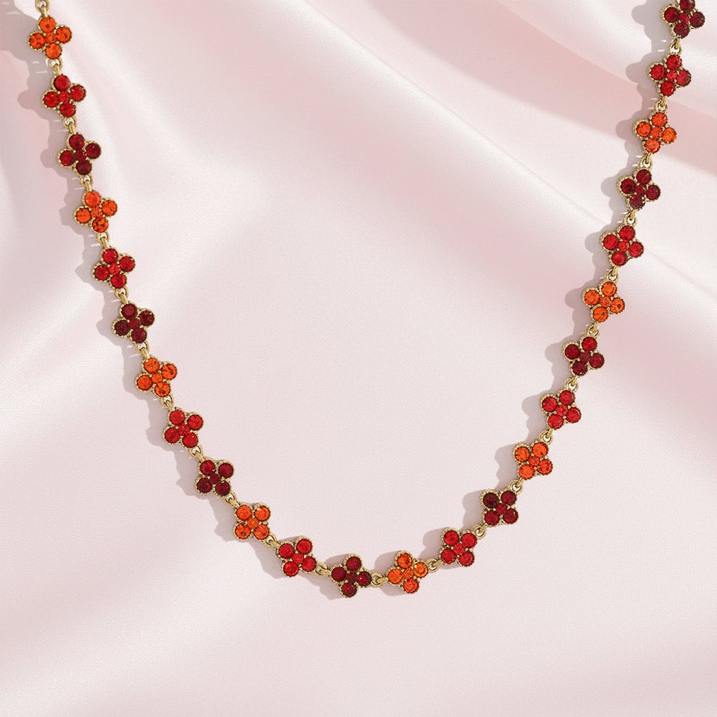 Collier Trèfle à Quatre Feuilles Nuance de Rouge  | Acier Inoxydable Plaqué Or 18K