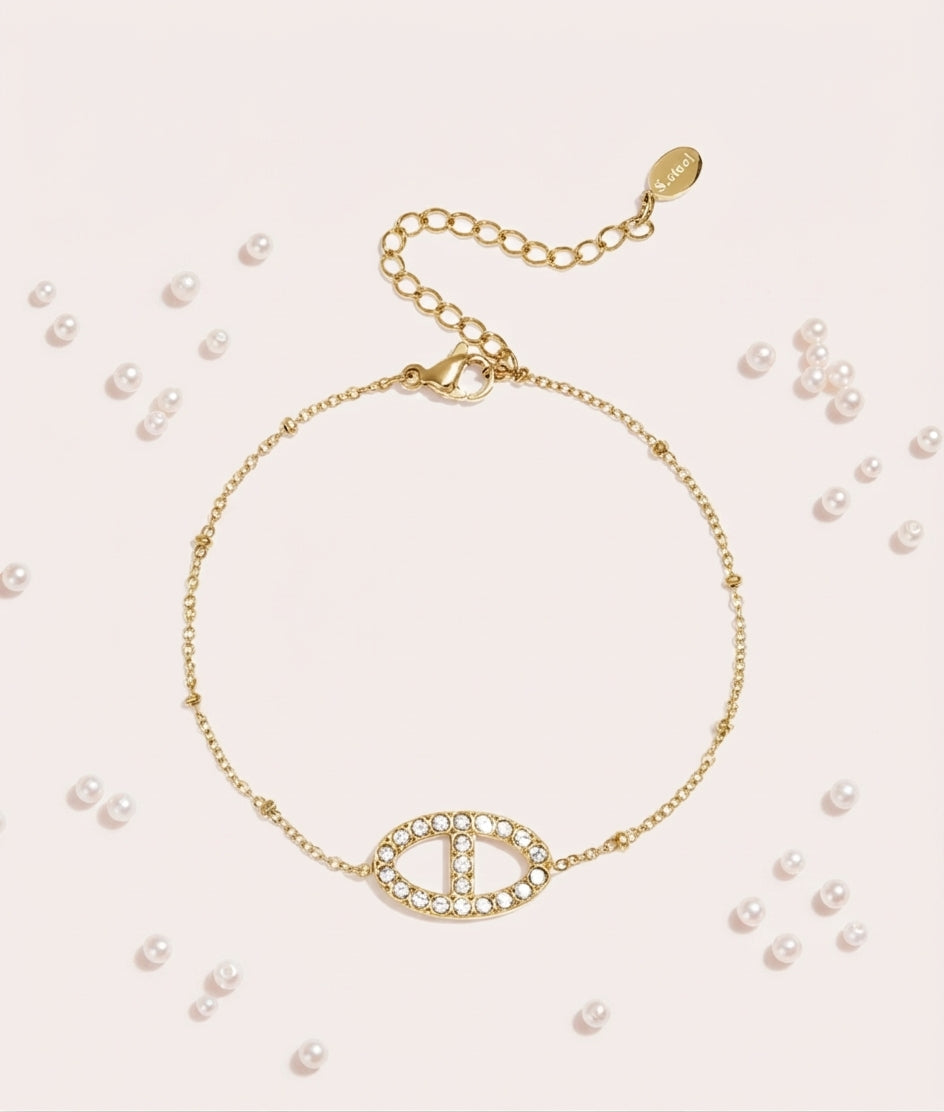Bracelet Maillon Ovale & Zircon — Plaqué Or 18K