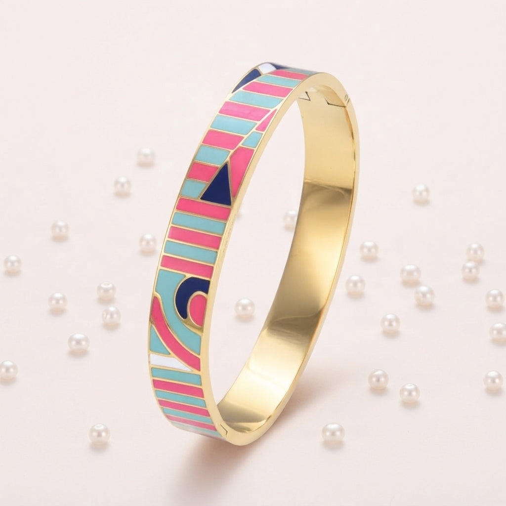 Bracelet Jonc Rayures Pastel & Doré – Acier Inoxydable