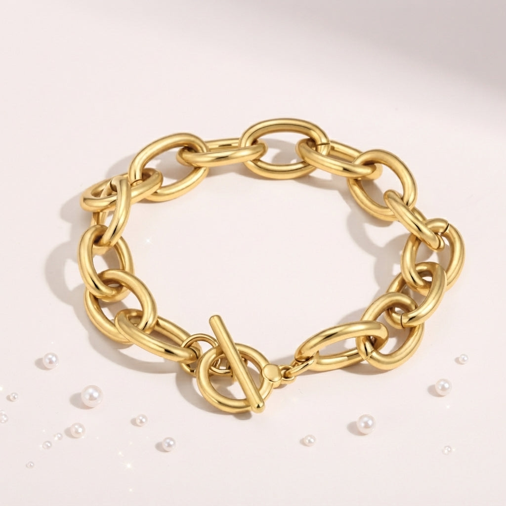 Bracelet Doré à Grands Maillons et Fermoir T-Bar