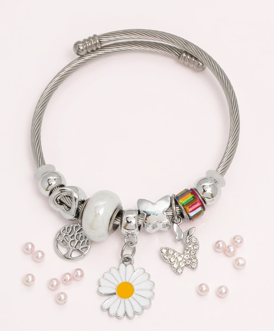Bracelet Arbre de Vie, Marguerite et Perles en Acier Inoxydable 304 – Rouge