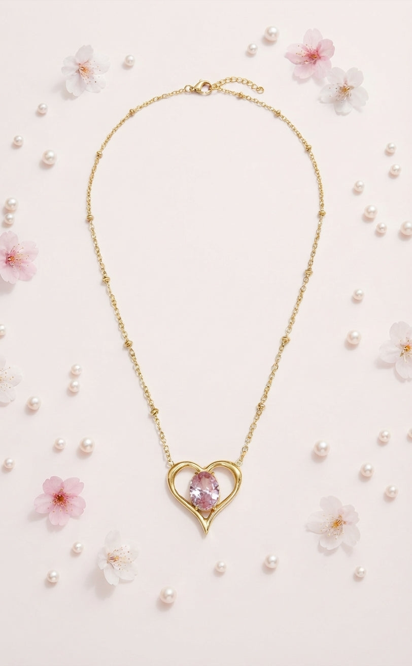 Collier Cœur & Zircon Rose — Acier Inoxydable