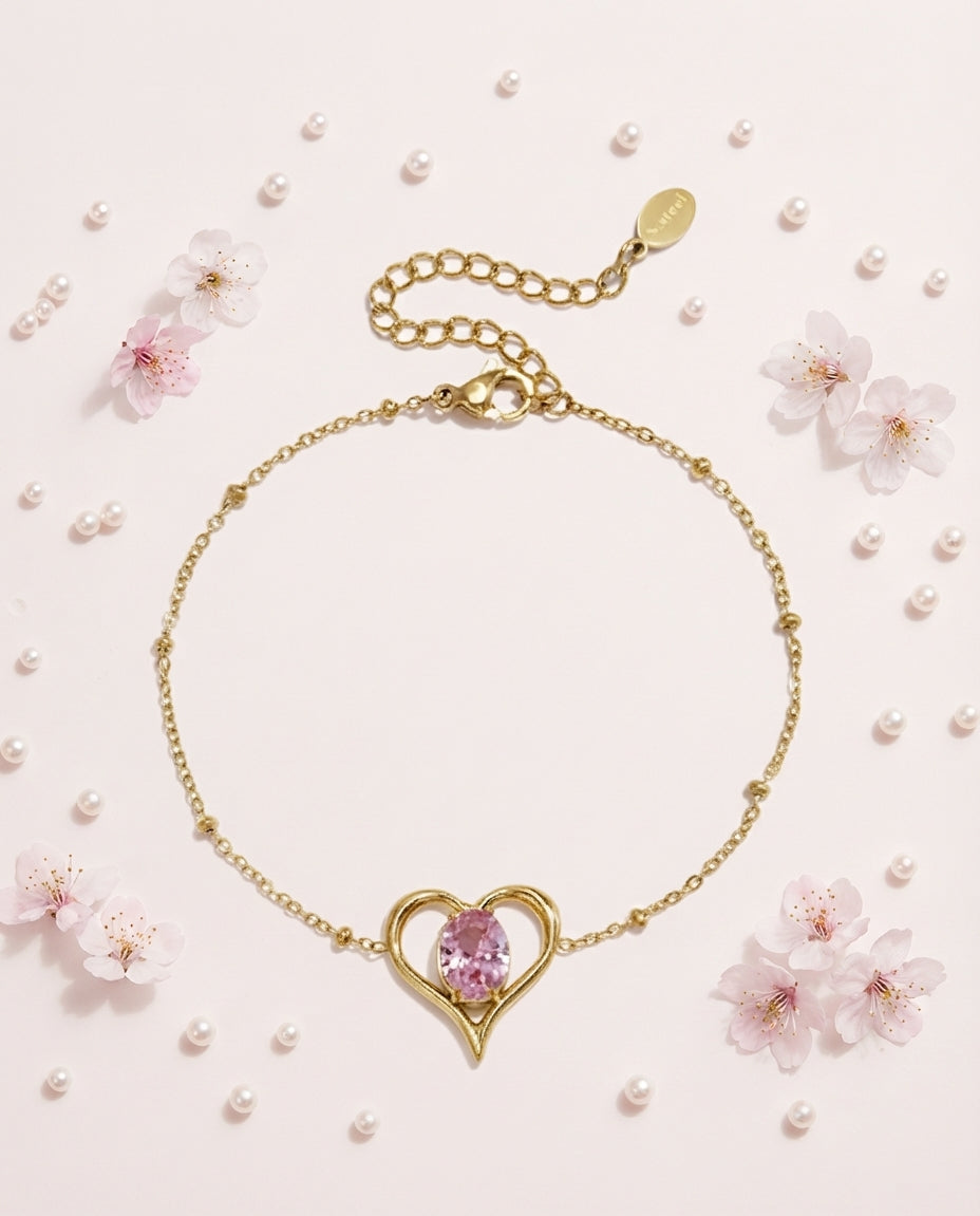 Collier Cœur & Zircon Rose — Acier Inoxydable