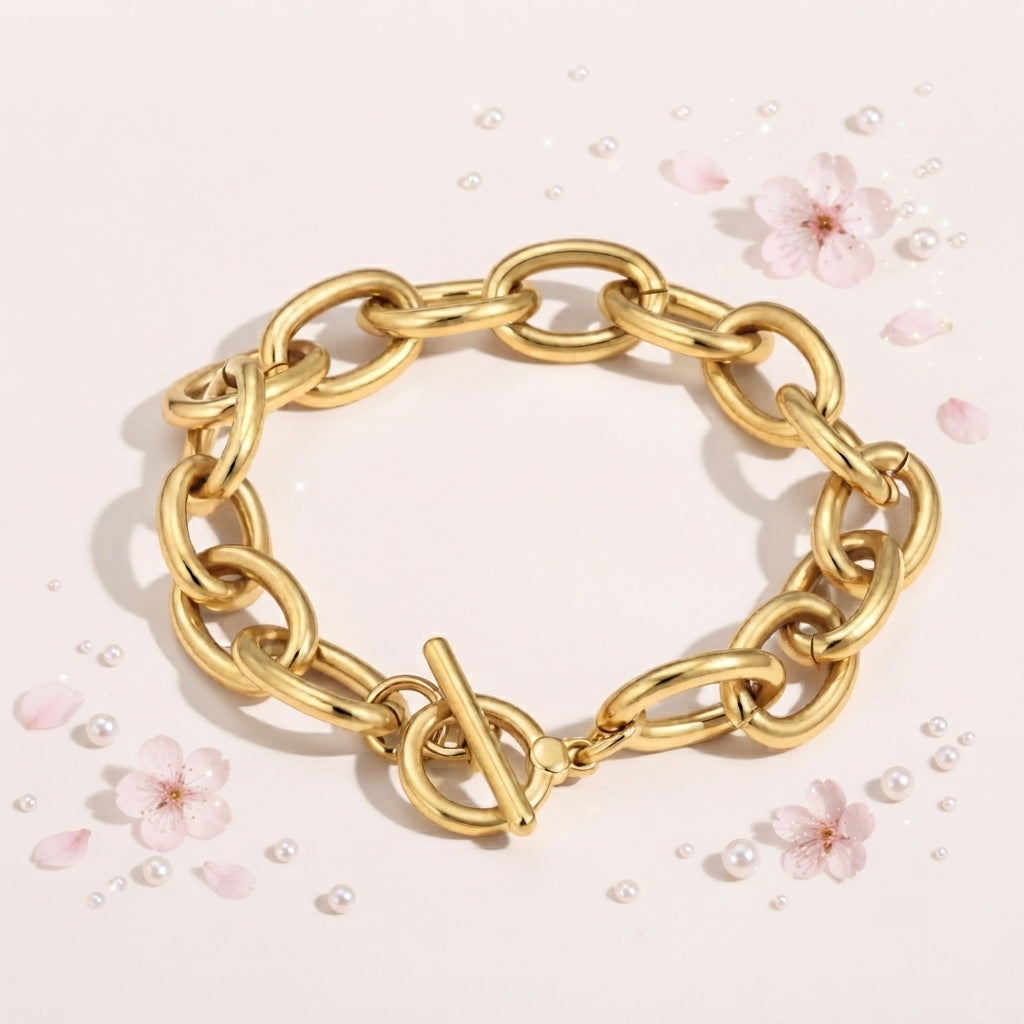 Bracelet Doré à Grands Maillons et Fermoir T-Bar