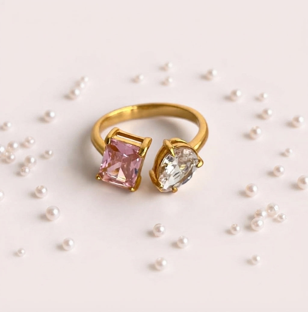 Bague Ouverte "Duo Précieux" - Acier Inoxydable Plaqué Or 18K & Zircons Blanc et Rose