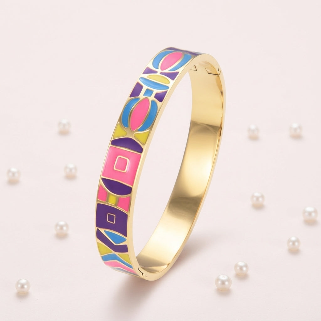 Bracelet Jonc Rayures Pastel & Doré – Acier Inoxydable