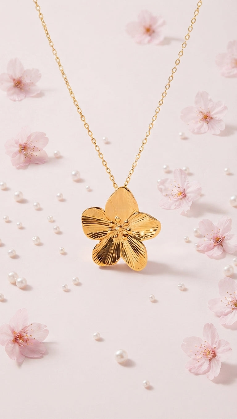 Collier Chaîne & Pendentif Fleur de Sakura - Acier Inoxydable Plaqué Or 18K