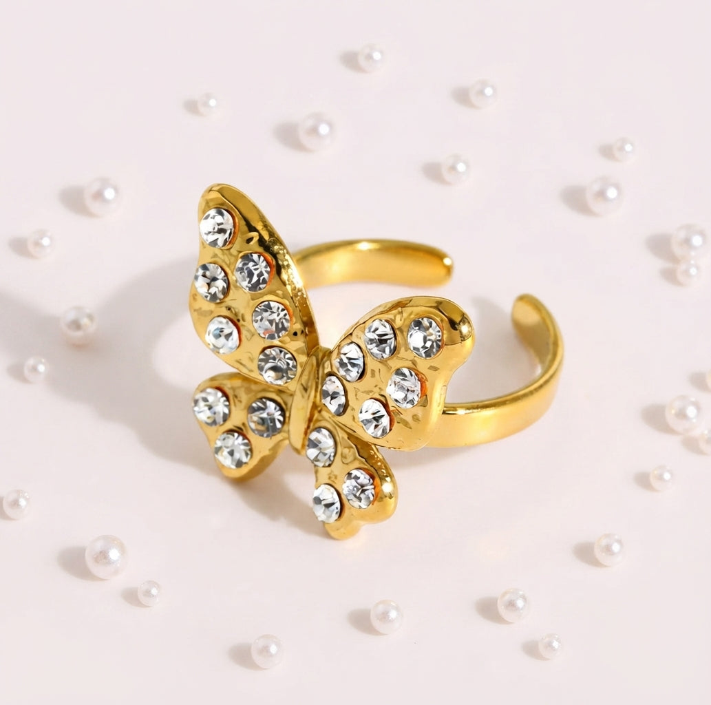 Bague Papillon Scintillant – Acier Inoxydable 304 Plaqué Or 18K & Zircons