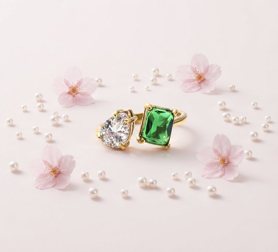 Bague Ouverte "Duo Précieux" - Acier Inoxydable Plaqué Or 18K & Zircons Blanc et Vert