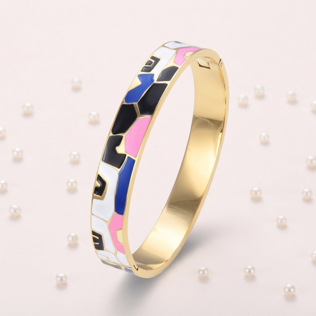Bracelet Jonc Rayures Pastel & Doré – Acier Inoxydable
