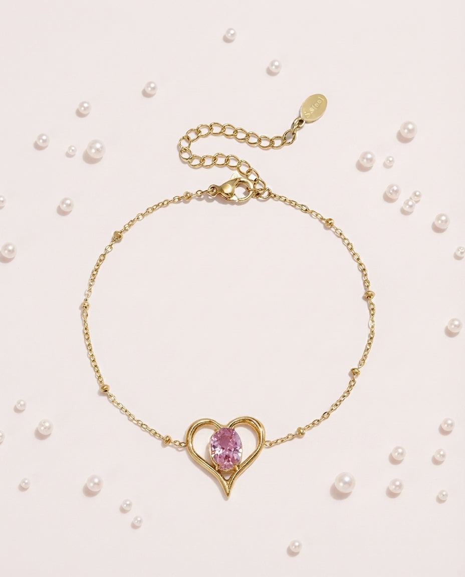Collier Cœur & Zircon Rose — Acier Inoxydable