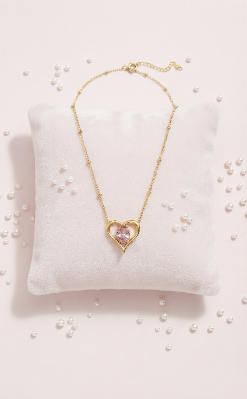 Collier Cœur & Zircon Rose — Acier Inoxydable
