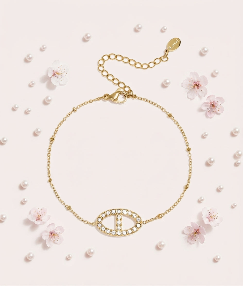 Bracelet Maillon Ovale & Zircon — Plaqué Or 18K