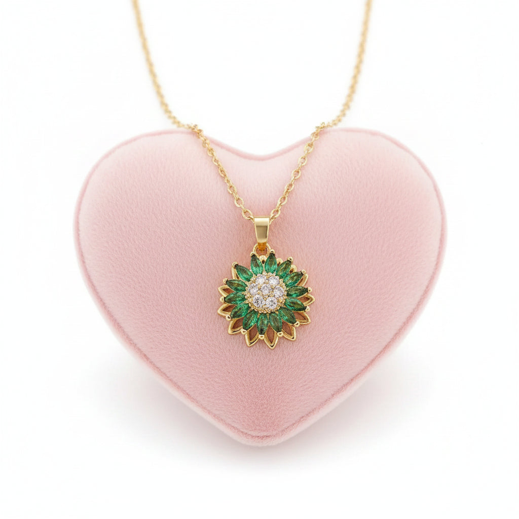 Collier Pendentif Tournesol – Acier Inoxydable & Zircon Vert