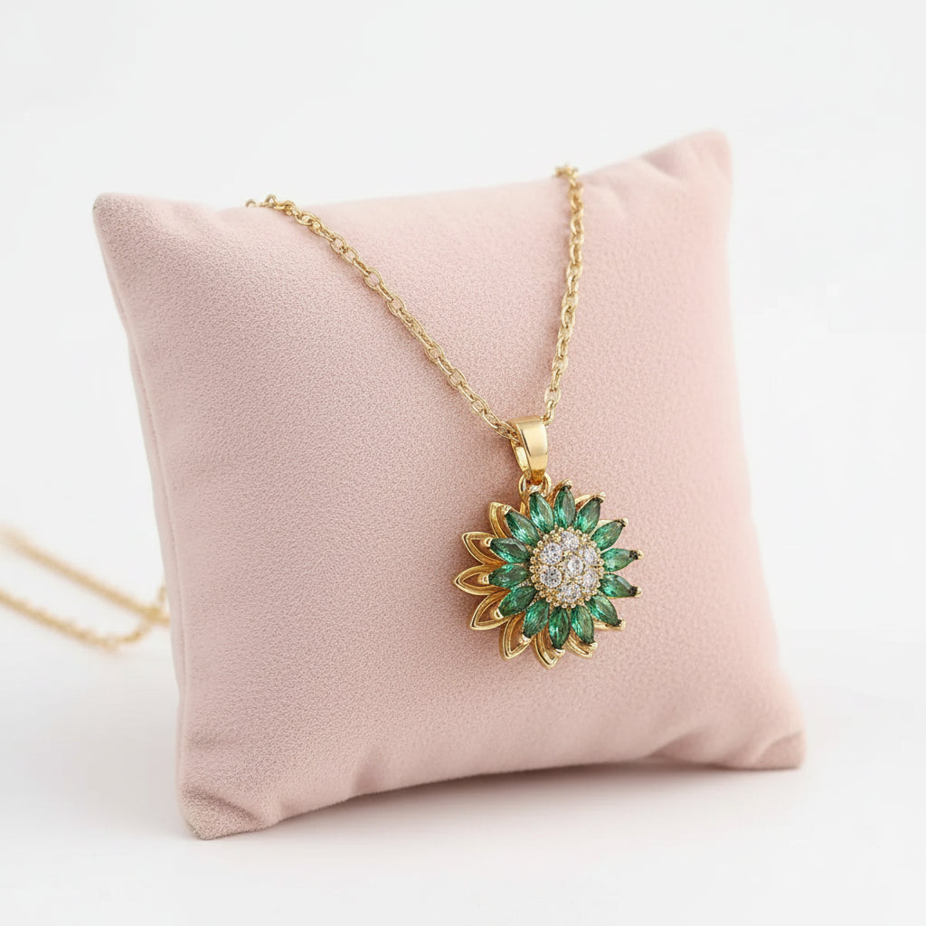 Collier Pendentif Tournesol – Acier Inoxydable & Zircon Vert