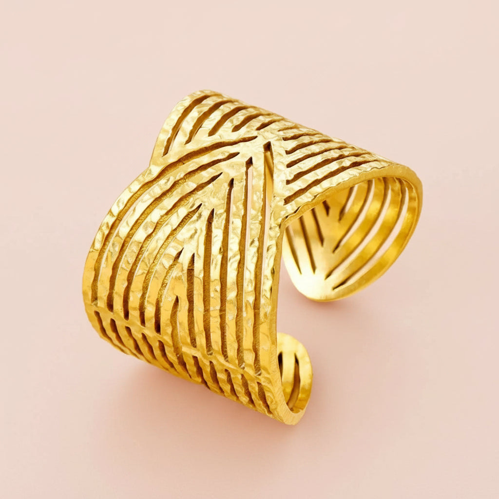 Bague Géométrique Ajourée Multicouche – Acier Inoxydable Plaqué Or